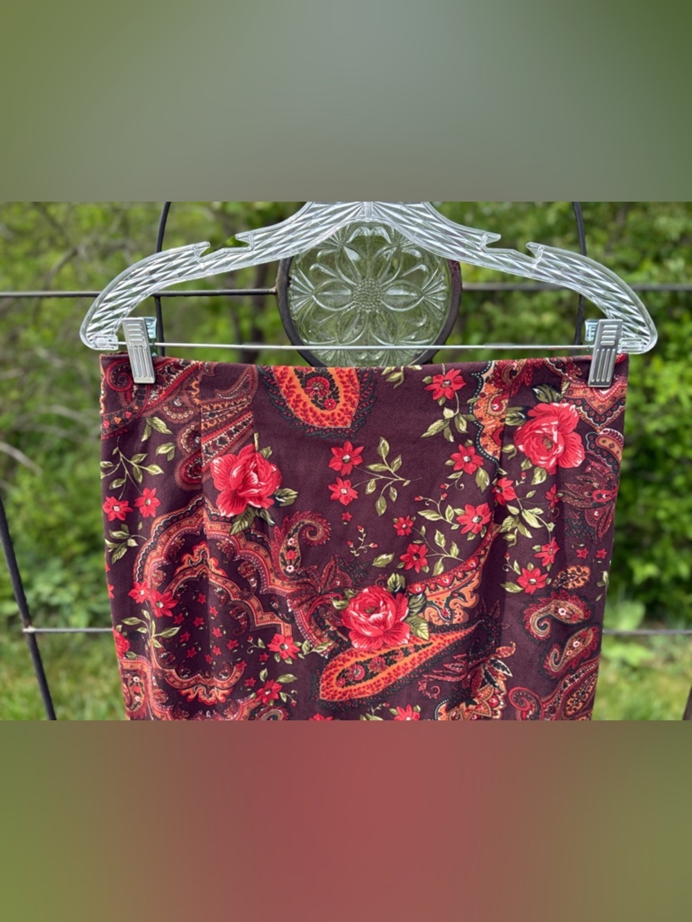 Vintage Briggs New York Brown Midi Skirt Red Floral Print Paisley Women Size 12 - Picture 7 of 14